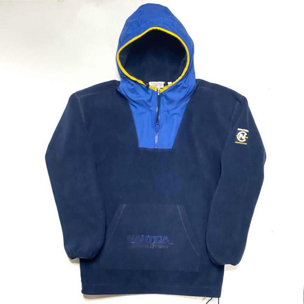 Vintage Nautica Competition Men’s Blue 1/4 Zip Pullover Hooded Fleece Jacket XL